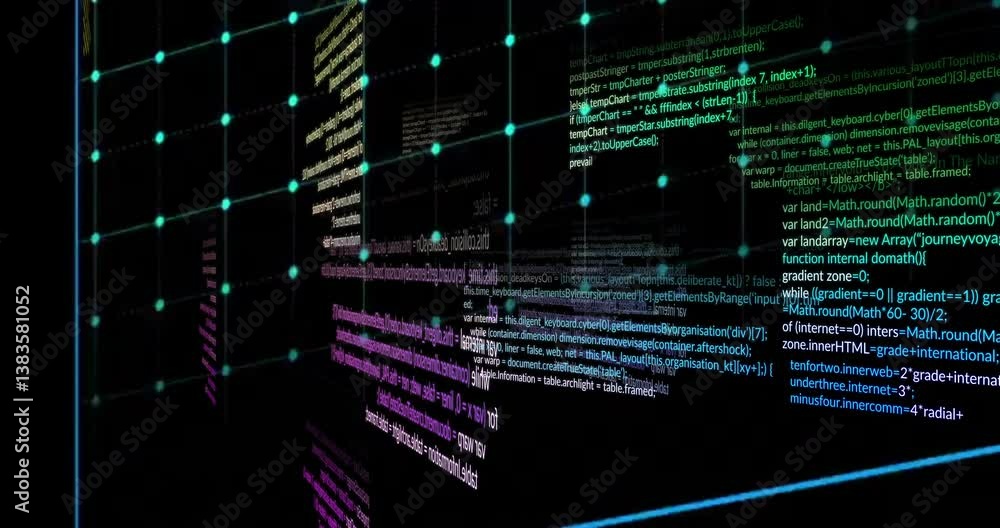 Poster digital code and data processing animation over grid with glowing nodes