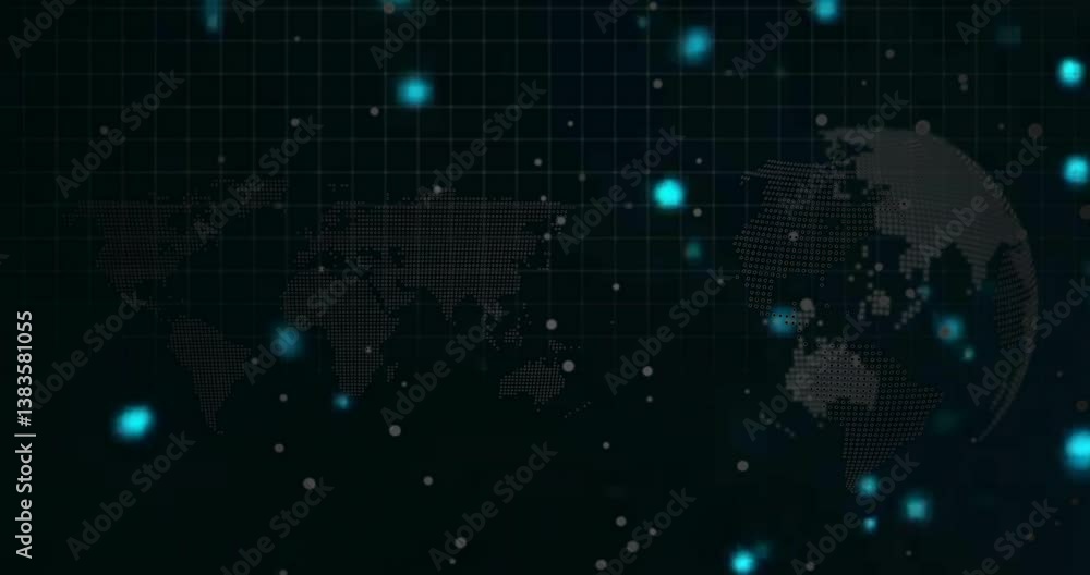 Poster animation of world map with glowing blue dots and grid pattern in digital style