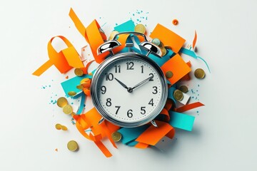 Vibrant clock surrounded by colorful confetti and ribbons