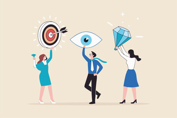 Mission, vision and value, company statement to drive success, strategy plan or leadership principle for employee to reach target concept, business people holding mission, vision and value elements.