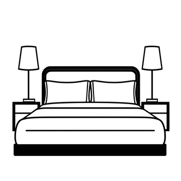 recommend clip art: Modern bedroom with a double bed, two bedside tables, and lamps in a minimalist line art style