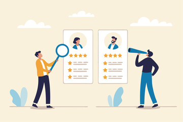 Performance management employee evaluation review, yearly appraisal or staff career development, employee measurement concept, businessman manager giving stars review on performance management.