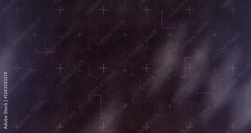 Poster hexagonal grid pattern with purple lines and plus signs on dark background animation