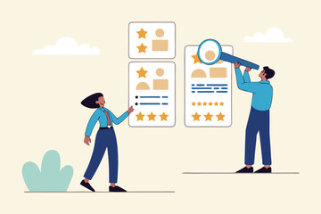 Performance management employee evaluation review, yearly appraisal or staff career development, employee measurement concept, businessman manager giving stars review on performance management.