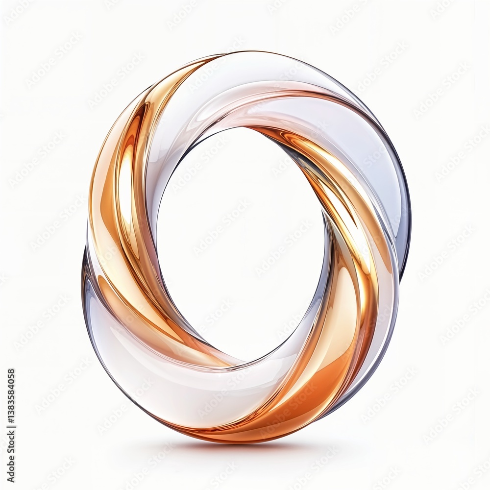 Poster glossy abstract torus shape with intertwining orange and silver elements on white background. ideal 