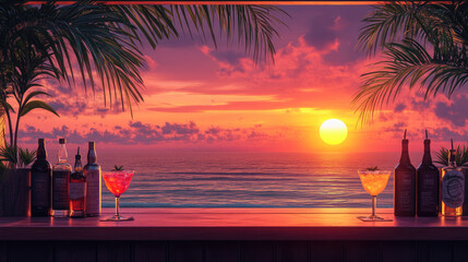 Obraz premium A fresh cocktail summer drink with vibrant colors, placed beach with a blue sea and sky background,capturing the essence of a tropical vacation refreshing seaside relaxation.banner, copy space,mockup