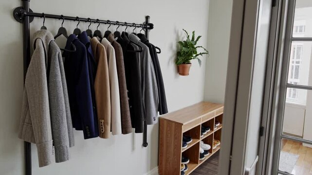 Showcasing a neat entryway with a stylish coat rack displaying various jackets and an organized shoe storage unit, enhancing a contemporary home aesthetic