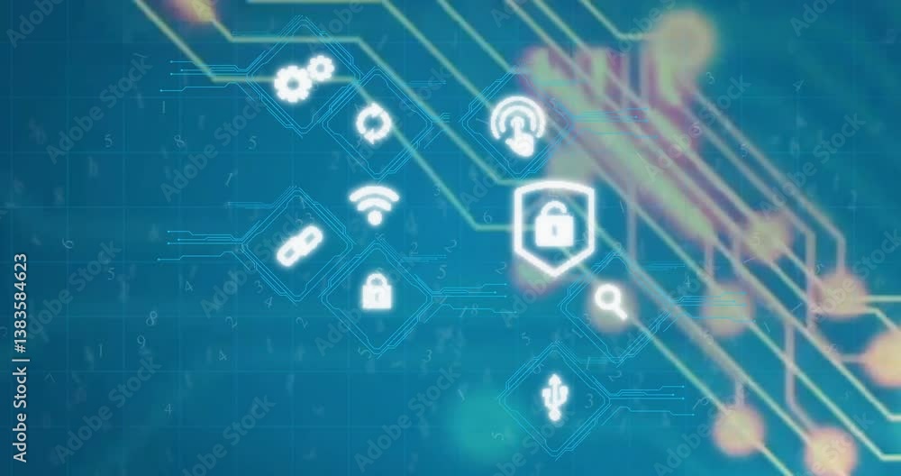 Poster digital security icons with data processing animation on blue tech background