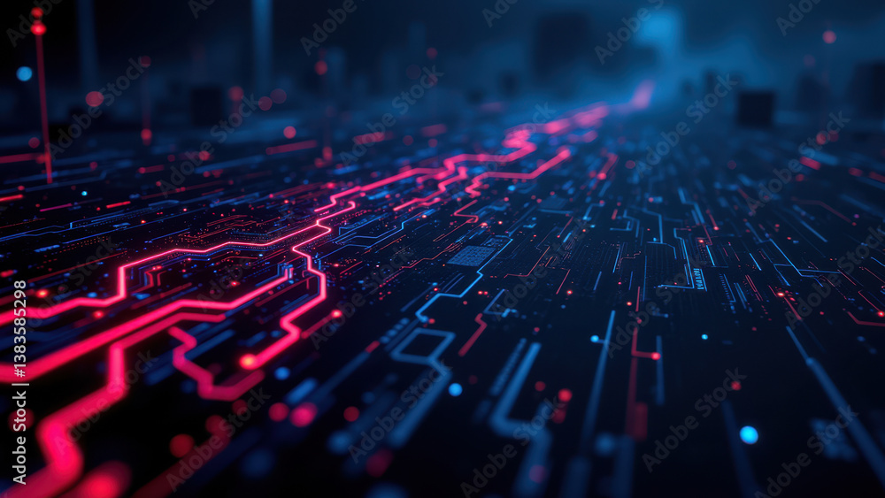 Aufkleber cybersecurity concept with bright red network connections on a computer motherboard background.