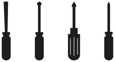Set of Various Screwdriver Silhouettes Vector. Isolated On Transparent Background.