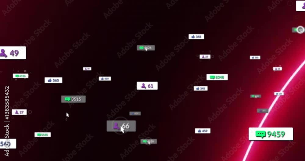 Poster animation of floating social media notification icons over dark red background