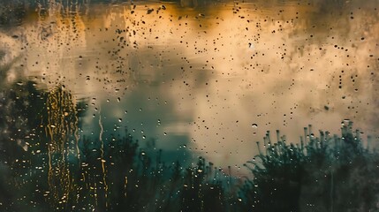 Raindrops on a glass window with a blurred scenic background