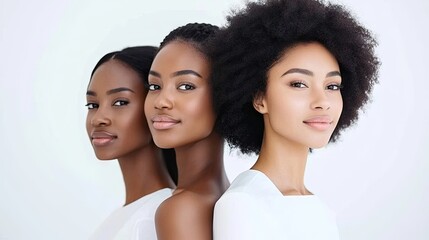 Three women pose, showcasing diverse skin tones in a bright studio with a simple white backdrop