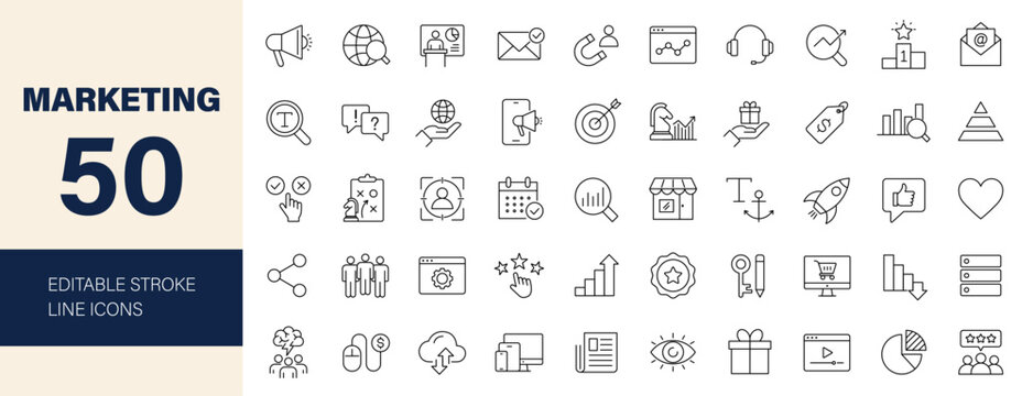 Marketing icon set. Containing digital marketing, advertising, e-commerce, SEO, analytics, social media, feedback, strategy, branding, business and more. Editable line icons. Vector illustration.