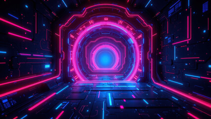 Futuristic cyberpunk room with neon lights illuminating walls and floor.