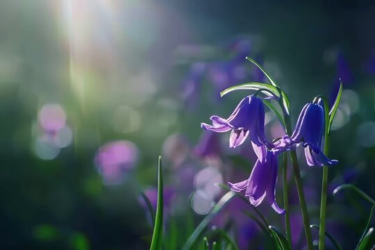 Delicate purple flowers bloom in a sunlit meadow during spring