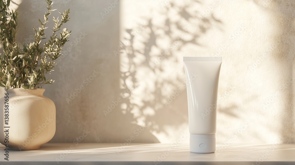 Poster sunlit skincare product displayed on a minimalist shelf with a vase of greenery creating gentle shad