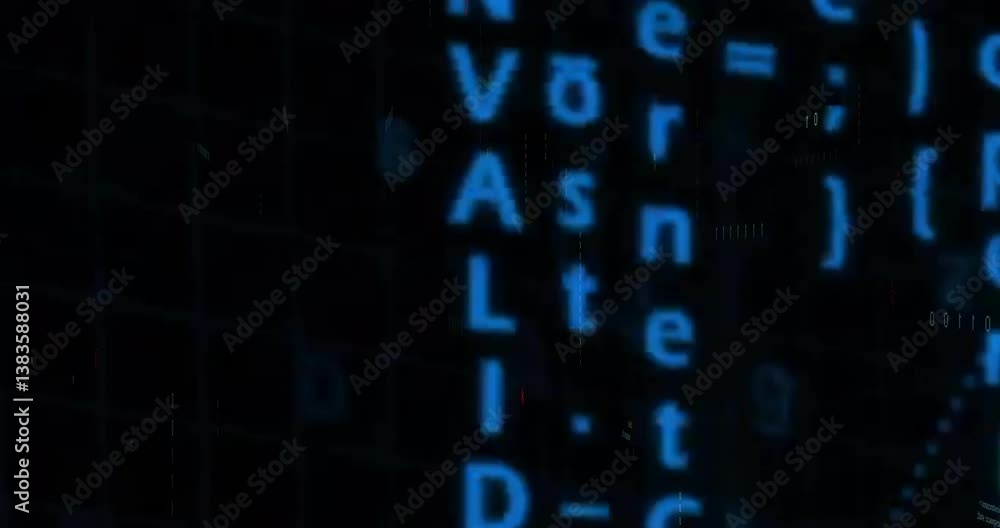 Poster blue digital text animation displaying valid over dark background with code elements
