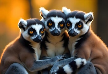 Fototapeta premium Close-up of Ring-Tailed Lemurs with Striking Orange Eyes and Bushy Tails