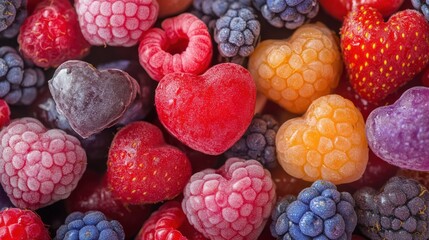 Frozen berry hearts capture romantic sweetness in a frosty confectionery style