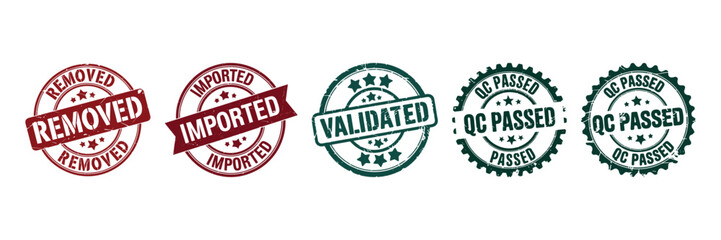 Set of grunge stamp icons for quality control and product status.
