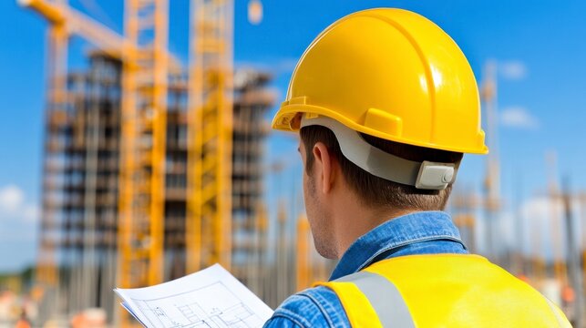 Construction worker reviewing blueprints at a building site