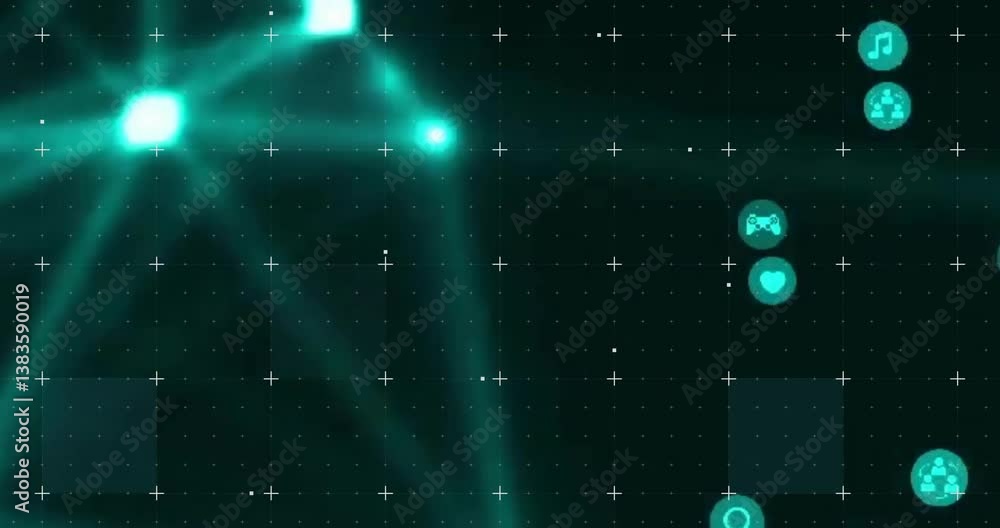 Poster animation of glowing digital interface with icons and grid lines on screen