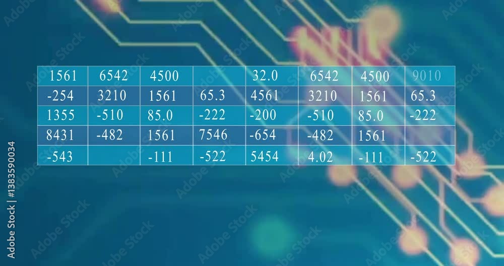 Poster numbers on data table over glowing lines and digital circuit background in animation