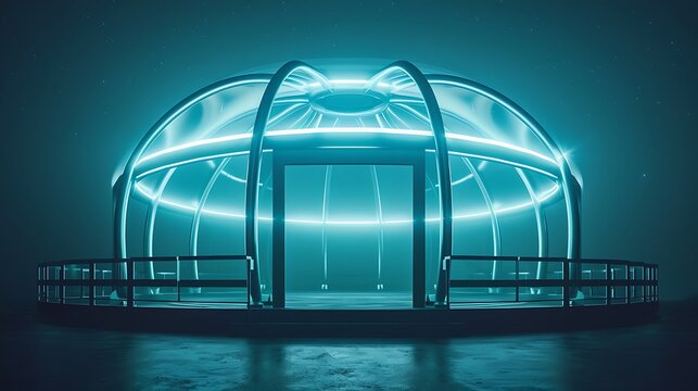 A futuristic structure with glowing neon blue lighting is displayed