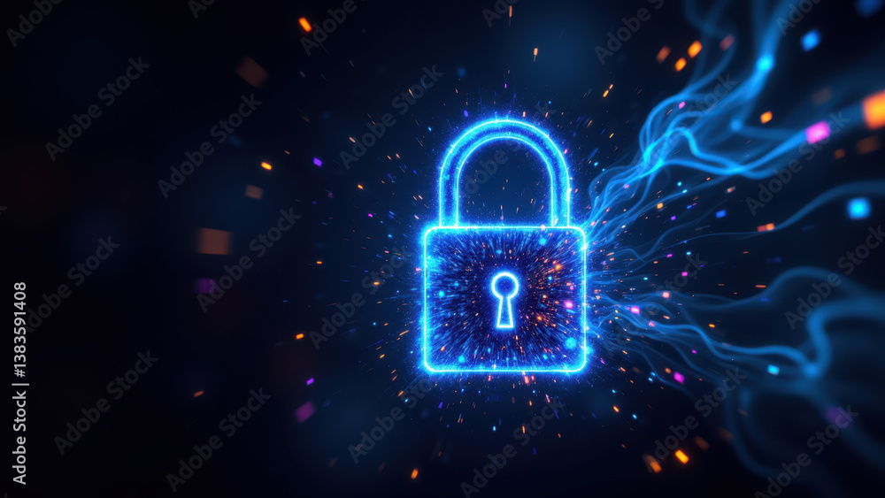 Poster dynamic blue lock with sparkles, representing cybersecurity and data protection.