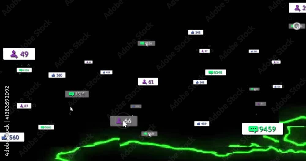 Poster animation of digital data points and notifications floating over green line graph