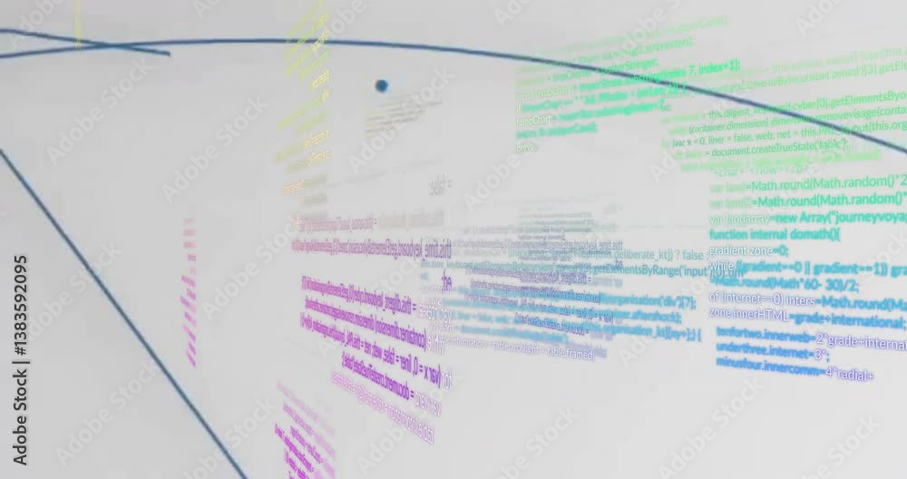 Poster floating colorful programming code lines over white background with animated curves