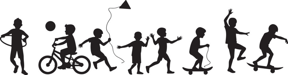 kids playing silhouette, children silhouette, outdoor activity clipart, playground SVG, kids sports vector, children riding bike, jumping rope clipart, kite flying silhouette, playing ball SVG, skateb