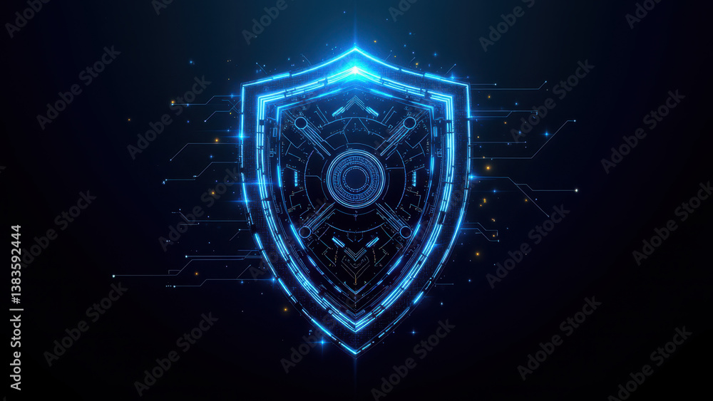 Poster cybersecurity logo with futuristic design elements such as circuitry and glowing shield.