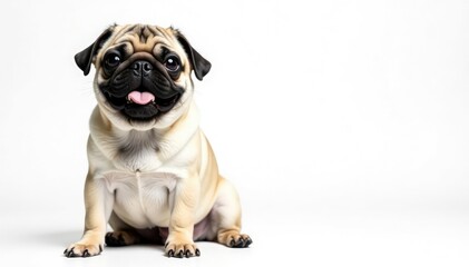 Obraz premium Adorable pug dog sitting, isolated on white background, side view, animal photography