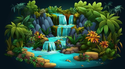 Lush Tropical Rainforest 3D Illustration with Waterfall and Clear Pool - Stunning Studio Rendering of Vibrant Foliage and Serene Oasis