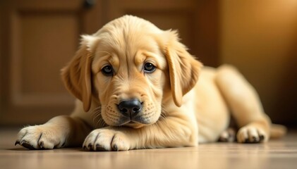 Golden retriever puppy lying down, ears flopped, lying down, isolated