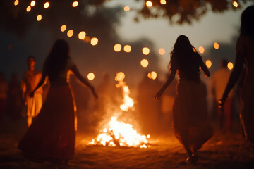 People dancing around a Midsummer Bonfire wearing traditional wreaths on their heads. Midsummer celebration concept.	