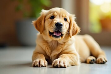 Golden Retriever puppy lying down, looking up , fur, canine