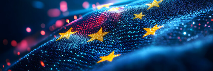 Digital Sovereignty Reimagined European Union Flag Network Visualization in Vibrant Macro Quantum Design - Geopolitical Connectivity and Policy Innovation