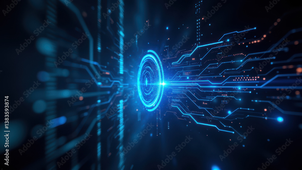 Poster a futuristic digital network with a focus on cybersecurity and data protection.