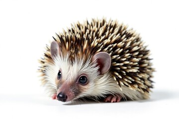 Obraz premium A tiny hedgehog, curled in a ball, isolated on pure white background , brown, photograph, cute