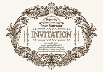 Elegant Vintage Engraving Invitation Frame with Scrollwork and Customizable Text Areas.