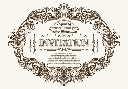 Elegant Vintage Engraving Invitation Frame with Scrollwork and Customizable Text Areas.