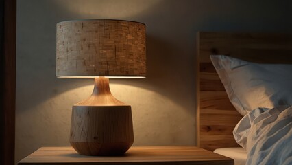 Cozy Bedside Lamp: Warm Glow, Rustic Wood, Relaxing Night, Soft Light, Bedroom Detail