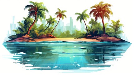 Serene Tropical Island Paradise with Palm Trees, Hammock, and Coral Reefs in Vibrant Illustration
