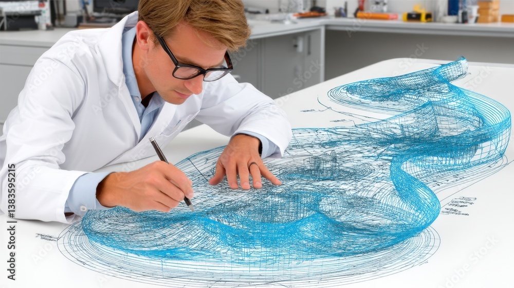 Poster focused scientist in white coat meticulously sketching a complex, abstract, blue data visualization 