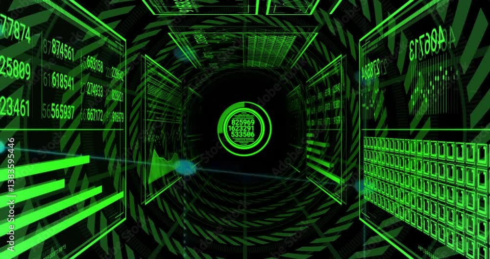 Poster glowing green numbers and data projections creating animation in digital tunnel