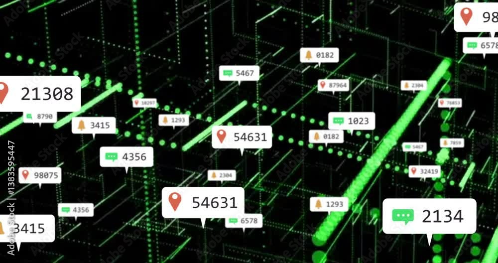 Poster digital data points and location markers over green grid network animation