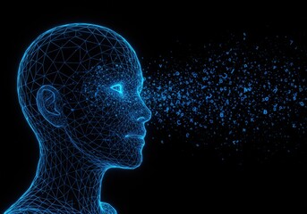 A glowing blue human head with digital letters emanating from it, set against a black backdrop.